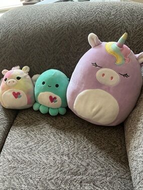 Squishmallows Pastel Unicorn (Purple), Teal Octopus, and Rainbow Pig Plush Trio